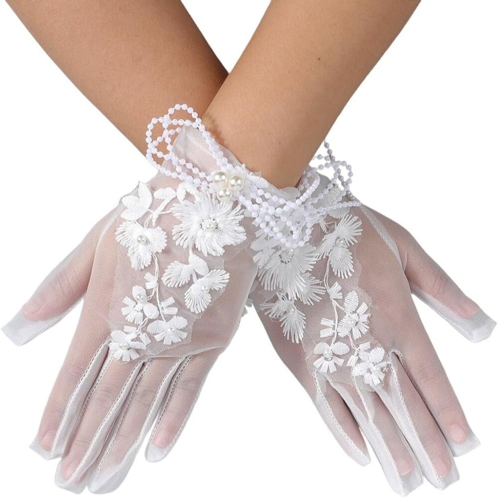 Women's Pearl Embroidered White Short Lace Fabric Glove Cosplay Accessories